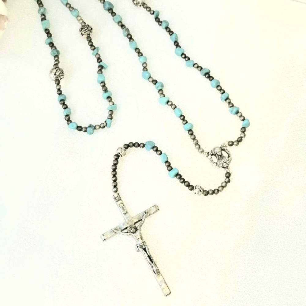 Rosary Beads: Blue Stones/Silver-plated Charms